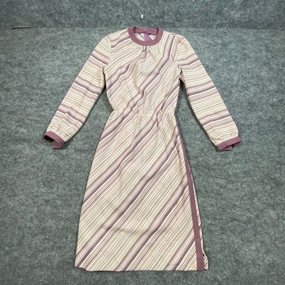 Vintage 70s Purple Diagonal Stripe Knit Midi Dress Long Sleeve Talon Zipper